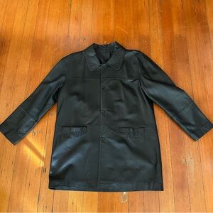 Long Black Genuine Leather Vintage Trench Car Coat Collar Button Pockets Lined
